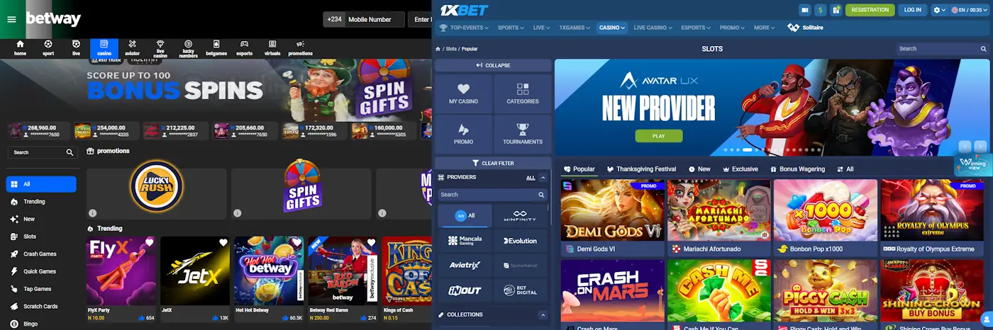 Betway and 1xBet Slots Screenshot